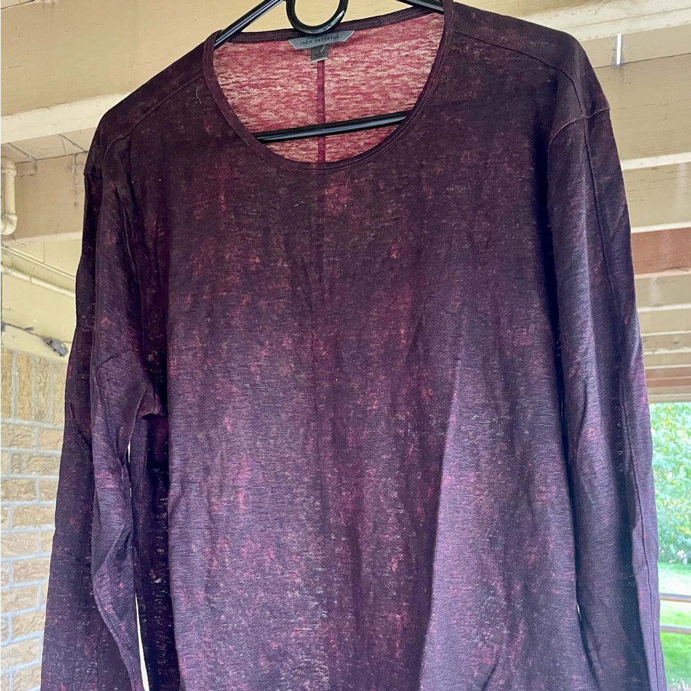 Men crew neck John Varvatos maroon dress shirt.